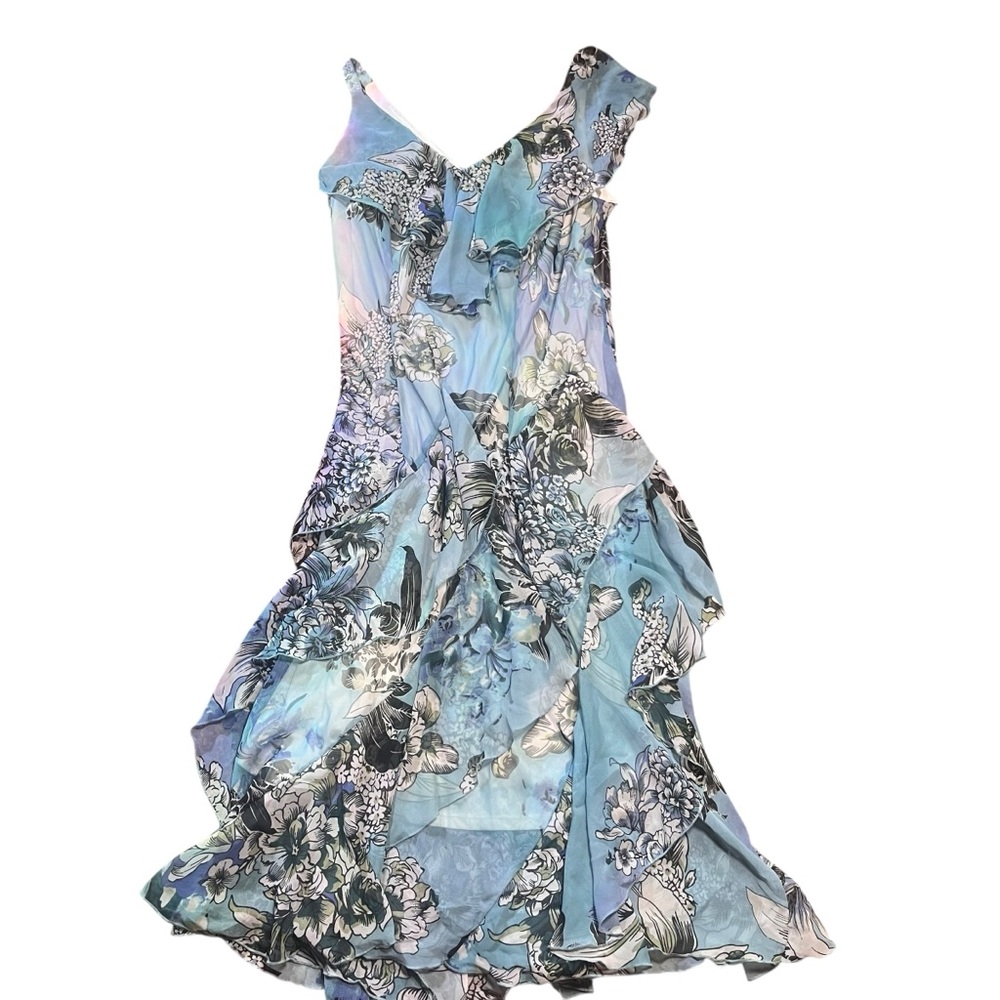 VINTAGE RETRO Y2K  LIGHT BLUE SEQUIN BEADED FLORAL RUFFLE ASYMM SUNDRESS